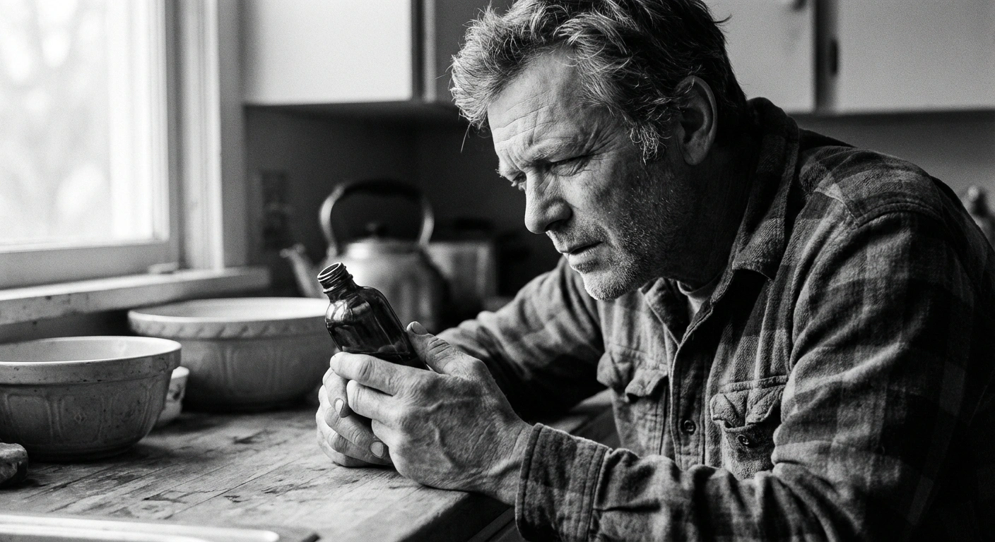 Middle-aged man in flannel shirt reading an amber supplement bottle at his kitchen counter, black and white documentary photograph