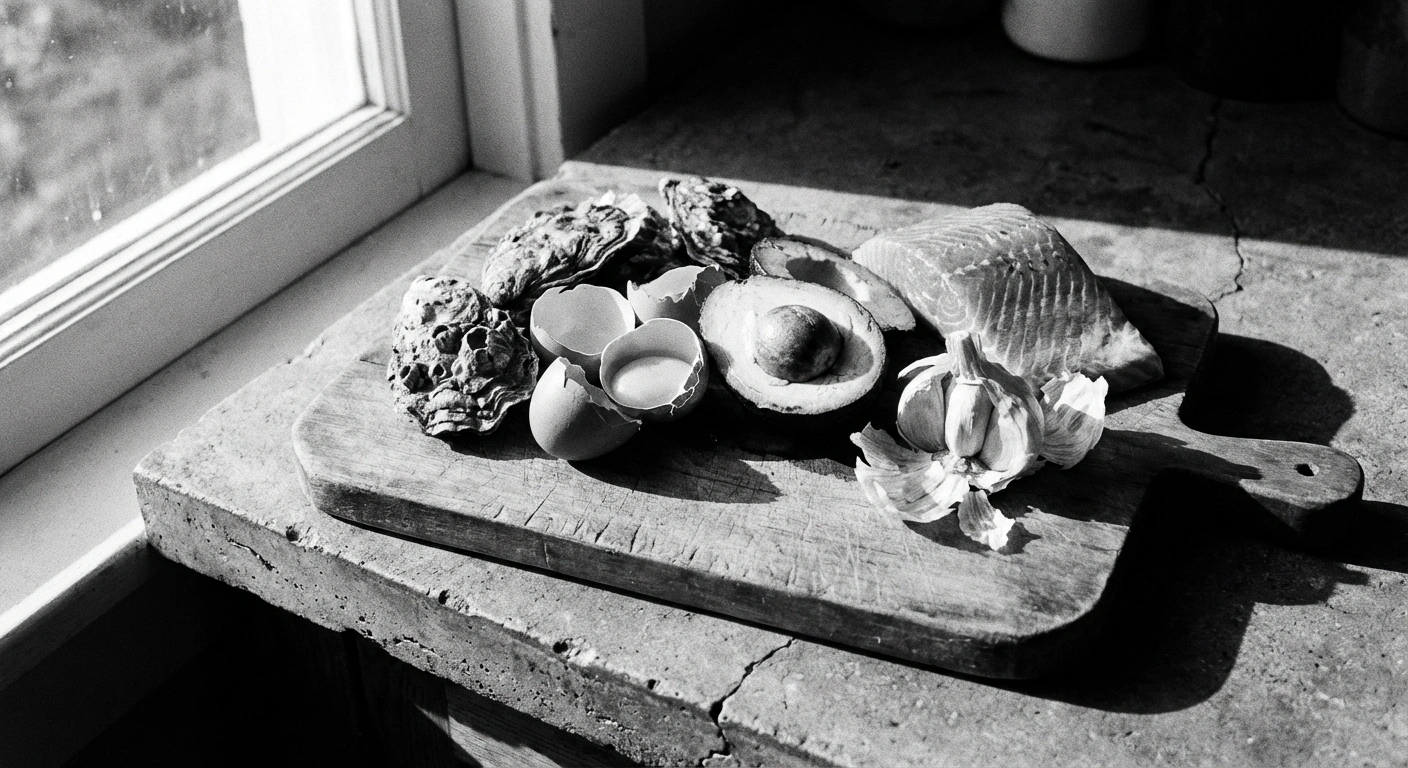 Close-up black and white documentary photograph of oysters, eggs, salmon, and avocado on a worn wooden cutting board, editorial kitchen photography