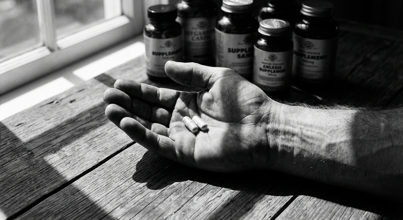 Black and white documentary photograph of supplement capsules arranged on a dark countertop next to a glass of water, shot in natural morning light