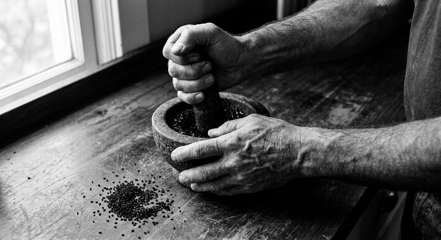 Middle-aged man with weathered hands grinding black seeds in a stone mortar on a worn kitchen counter, natural window light, documentary black-and-white photograph