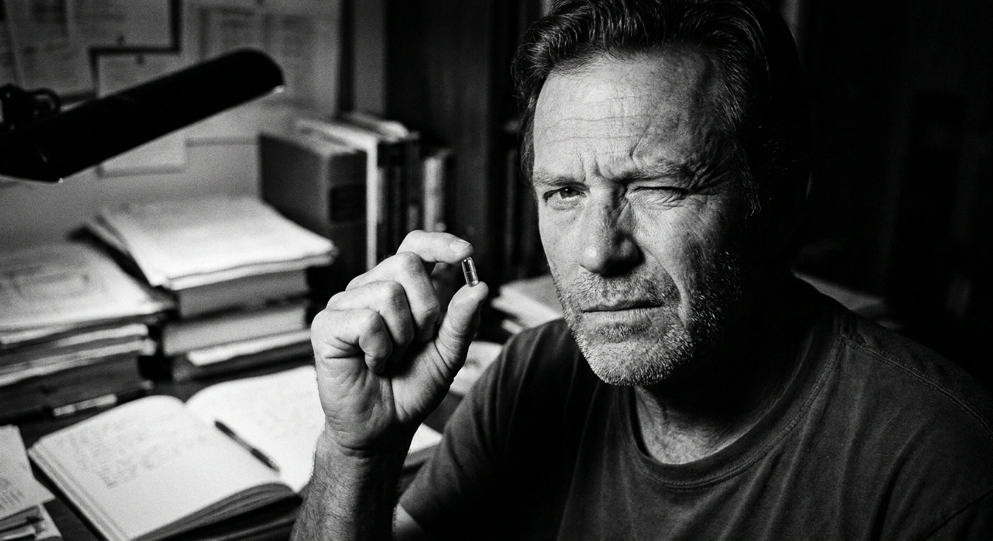 Middle-aged man in a dimly lit laboratory examining a glass flask, documentary black-and-white photograph, Leica M6, Kodak Tri-X 400, visible stubble and concentration lines, harsh directional light