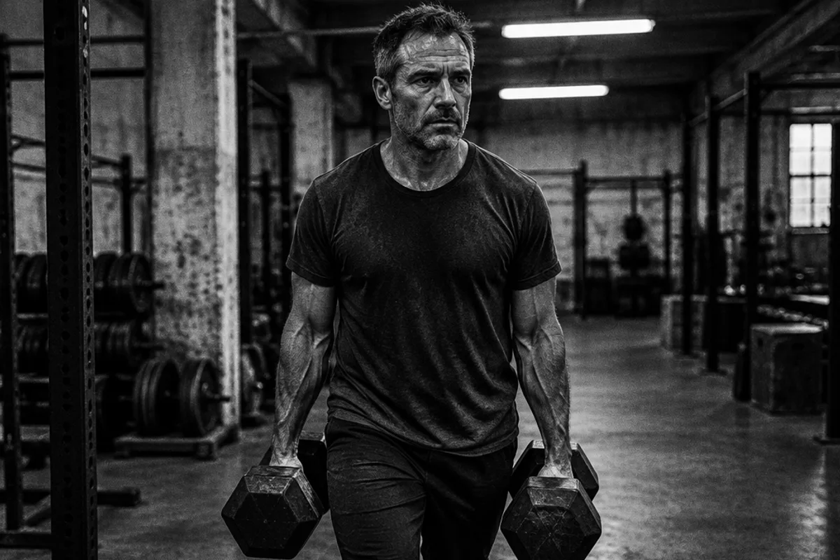 Middle-aged man carrying heavy dumbbells in a warehouse gym, shot in high-contrast black and white documentary photography style
