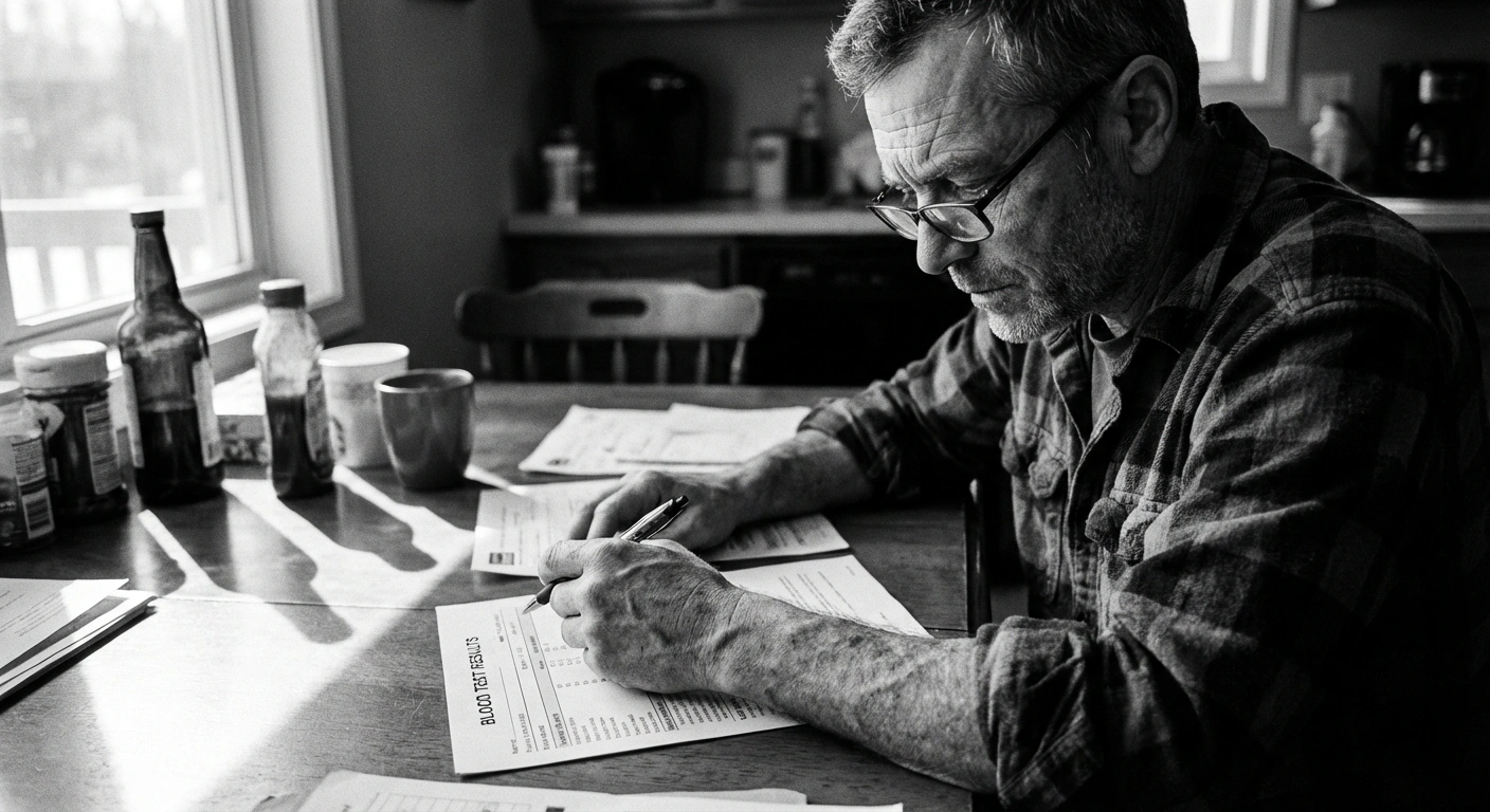 Man in his 40s reviewing blood test results at a kitchen table, black and white documentary photograph