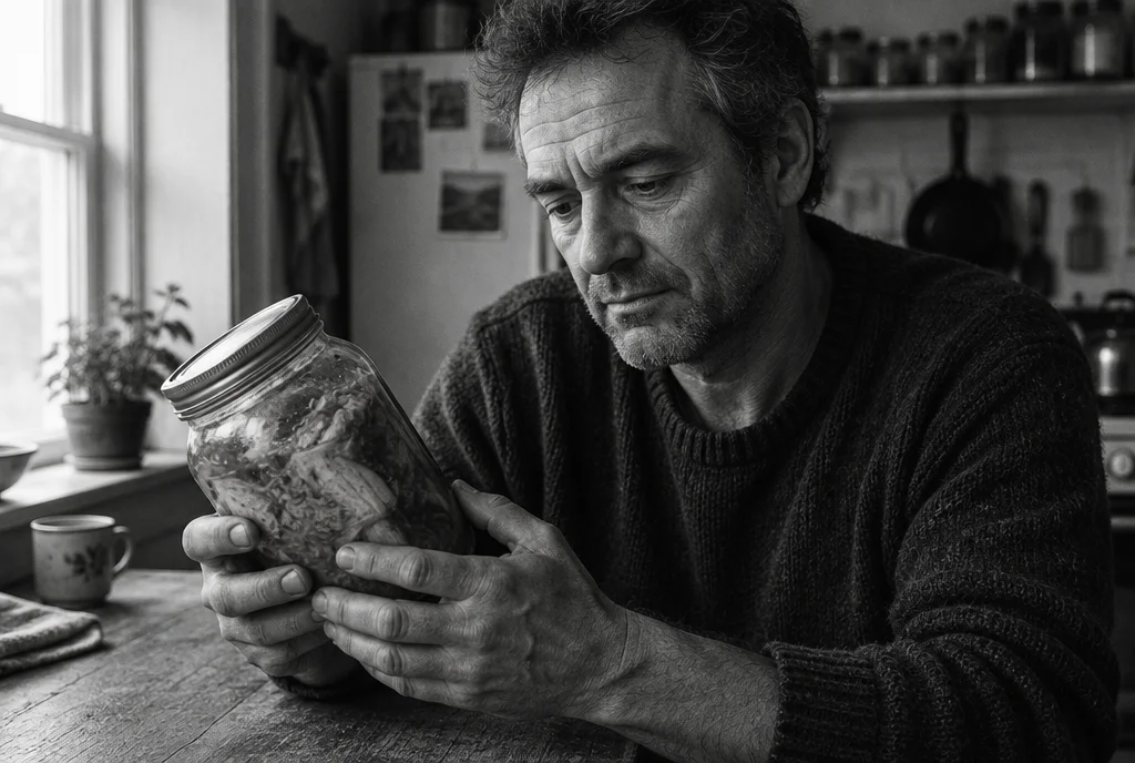 Man in his mid-40s at a kitchen counter examining a jar of fermented vegetables, visible stubble and laugh lines, soft morning light, black-and-white documentary photograph shot on Leica M6