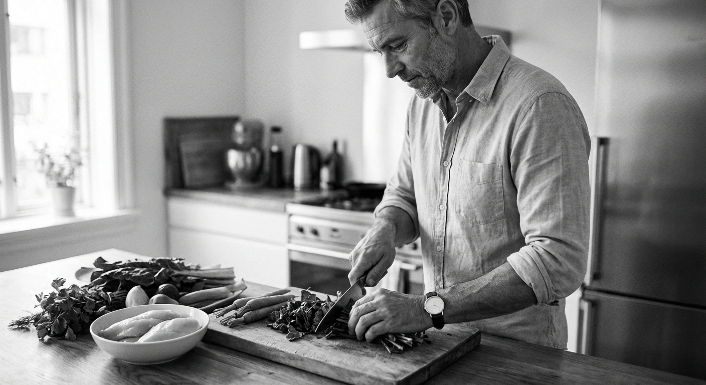 Black and white editorial photograph of a middle-aged man preparing a healthy meal in his kitchen, documentary style