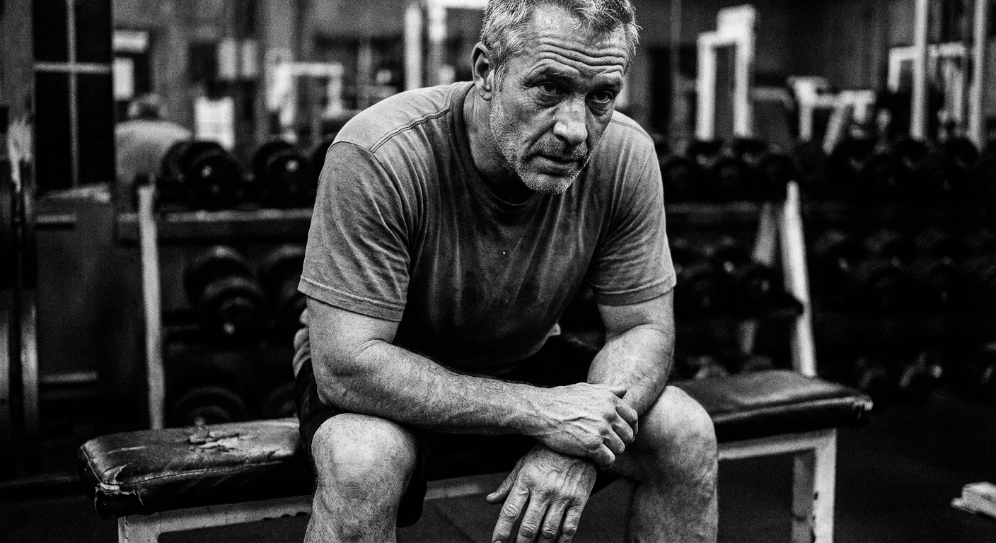 Black and white documentary photograph of a man in his 40s resting between sets on a gym bench, fatigue and determination on his face