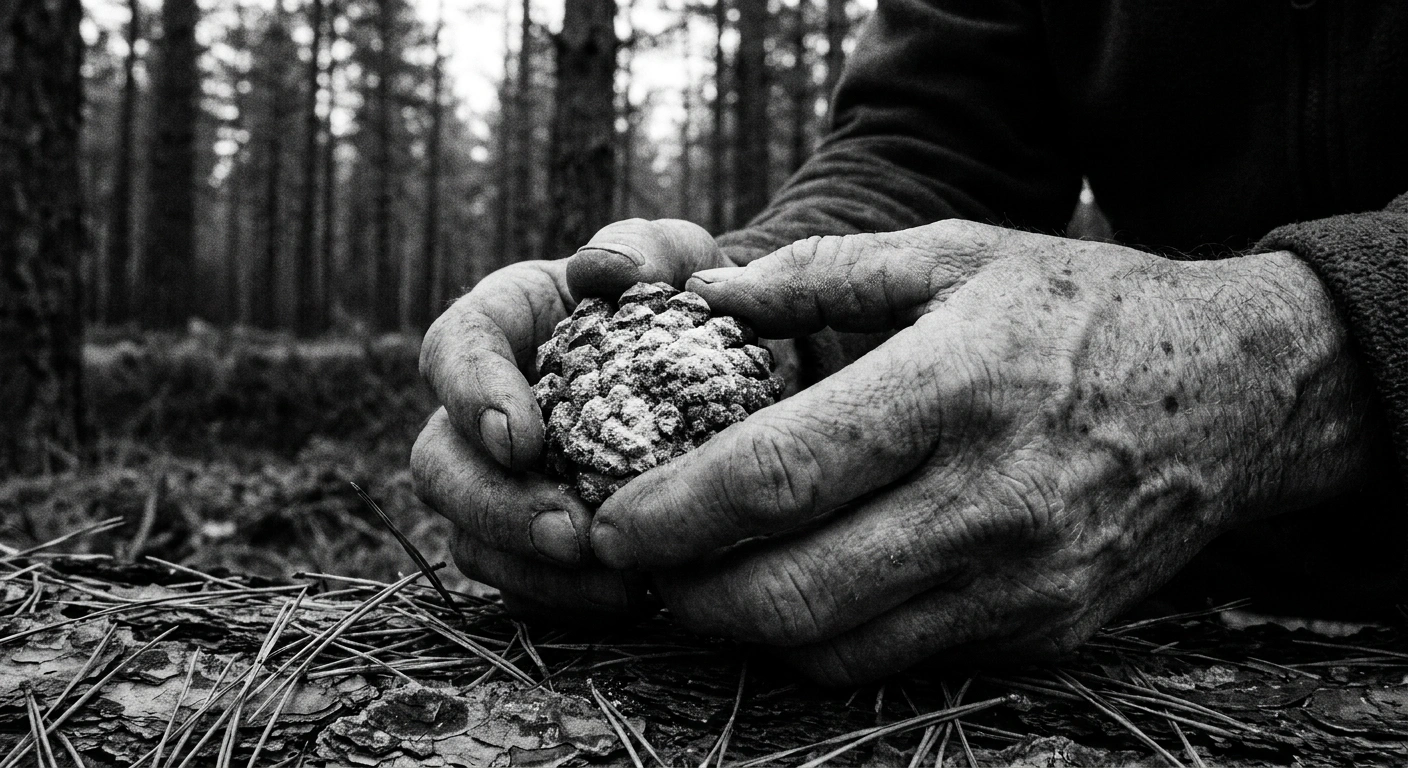 Middle-aged man with calloused hands collecting pine cones in a forest, close-up black-and-white documentary photograph showing pollen dust on bark