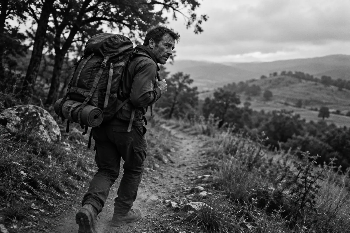 Man in his late 40s walking on a dirt trail at dawn with a loaded backpack, shot on Leica M6 with 50mm Summicron, Ilford HP5 Plus 400, grainy black and white, visible stubble and weathered hands, documentary style