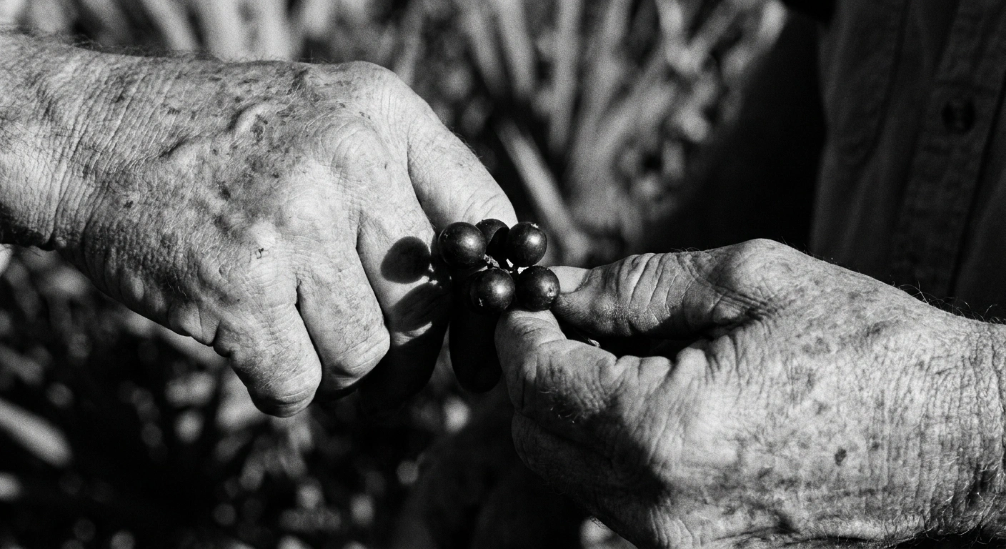 Close-up of a middle-aged man's weathered hands holding a handful of saw palmetto berries outdoors, documentary black-and-white photograph, Leica M6, Ilford HP5 Plus 400, visible skin texture and calluses, natural diffused light