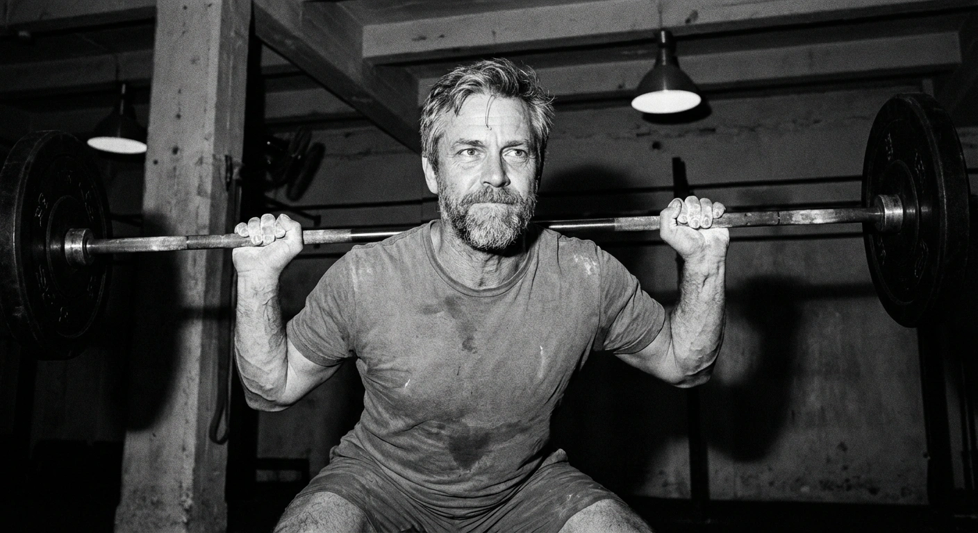 Black and white documentary photograph of a man performing a barbell squat in a raw gym, heavy grain, photojournalistic style